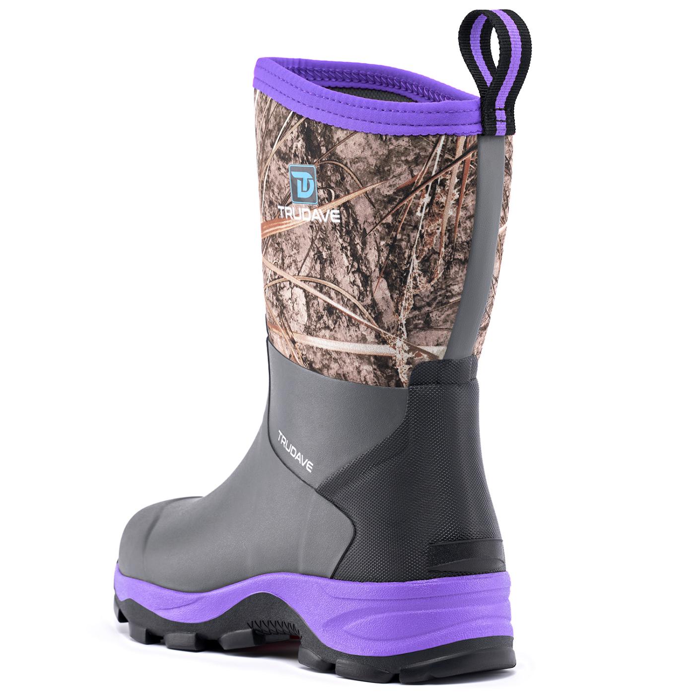 Side view of Trudave MudGuard Series women’s mid-calf waterproof garden boots – purple camo design showing durable rubber shell and slip-resistant sole for gardening and outdoor use